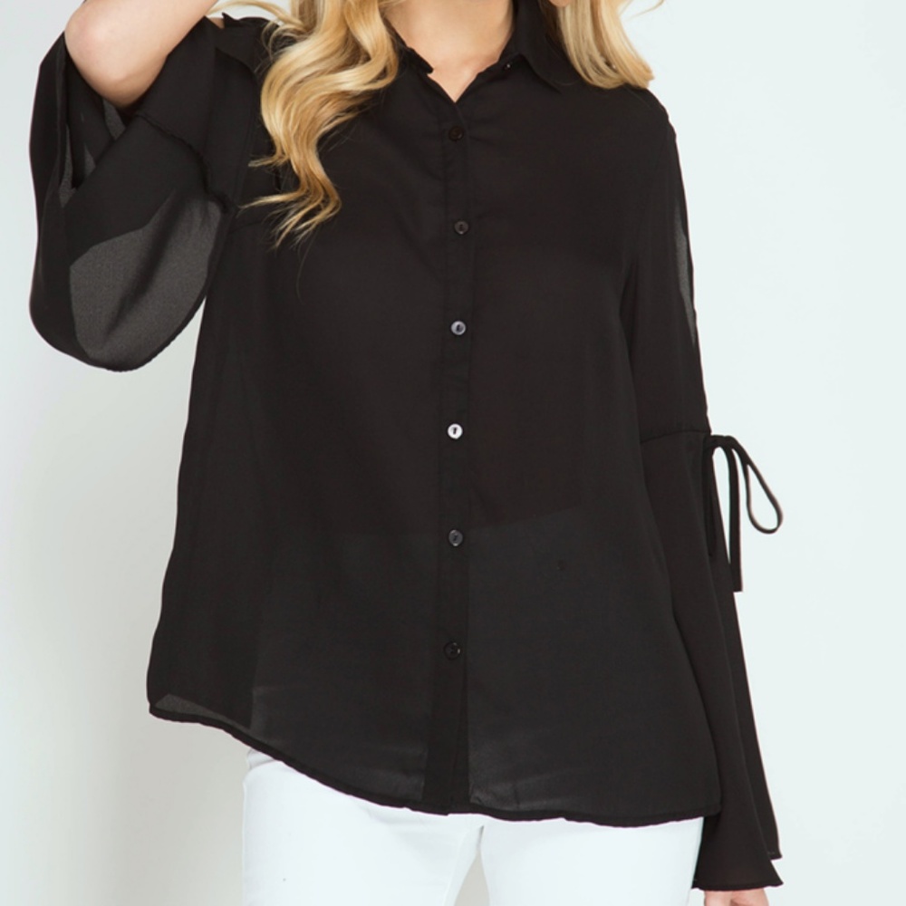 Sheer Split Bell Sleeve Button Up Blouse